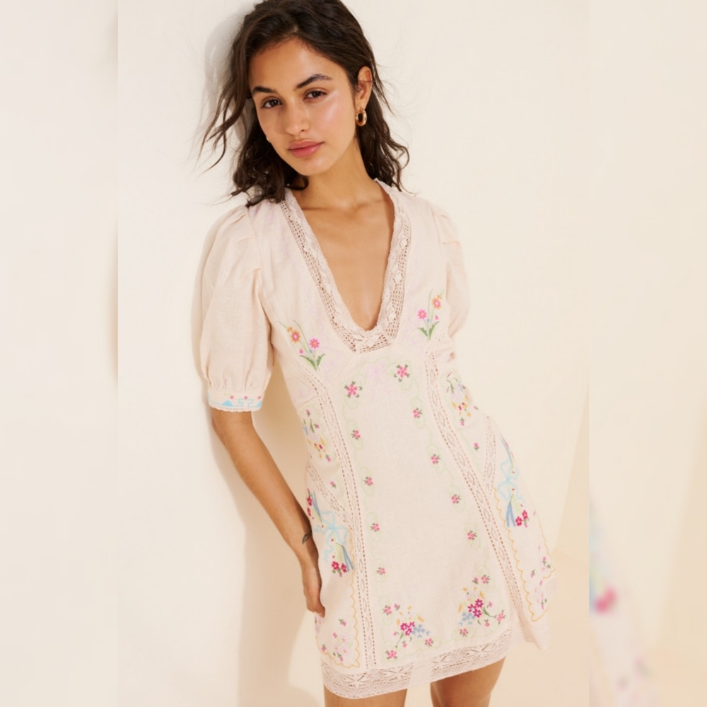 By Anthropologie Linen Blend Puff Sleeve V-neck Mini Dress Beige Women's Size 14